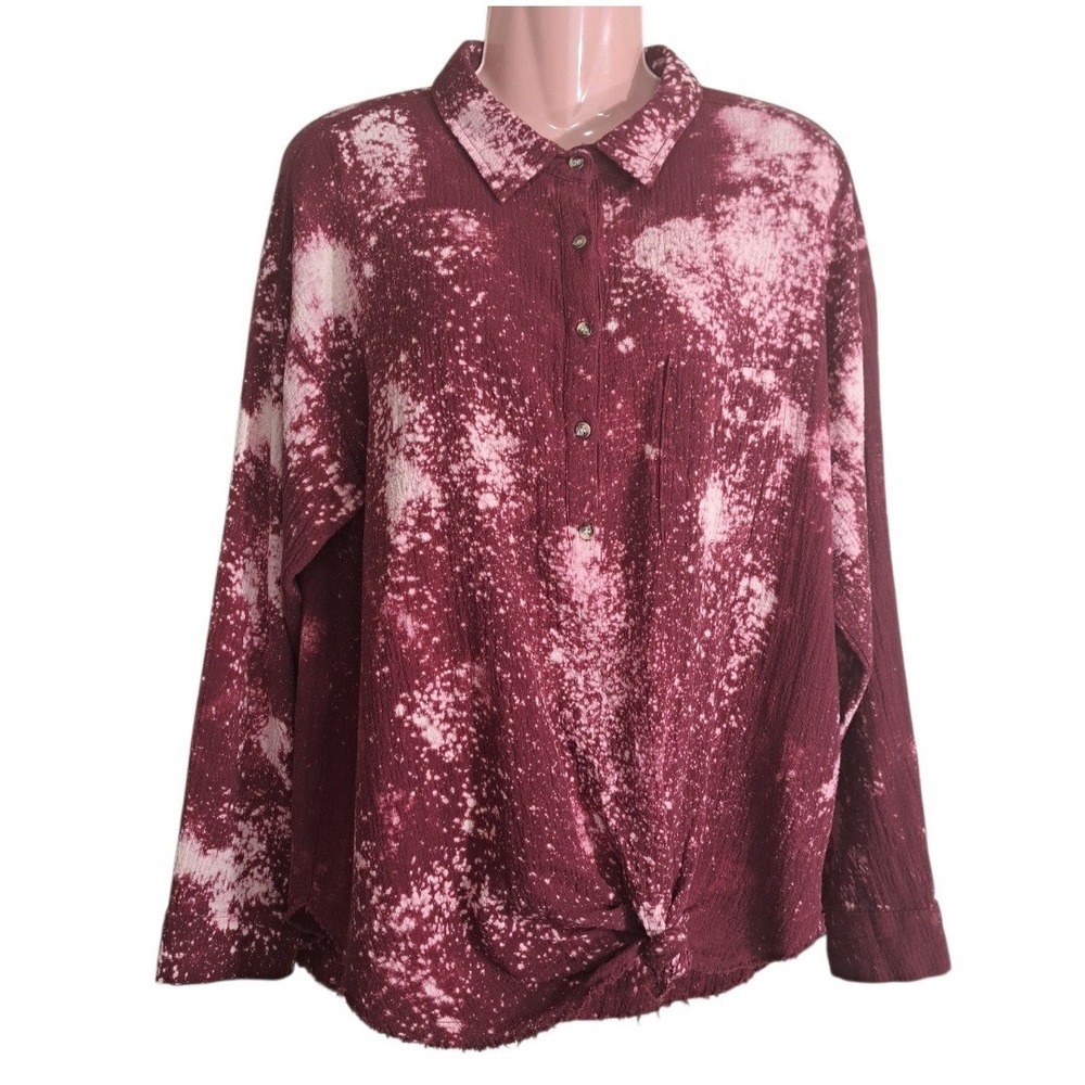 Umgee Women's Top/Blouse Collared Tie Dye Size Medium Burgundy Long Sleeve